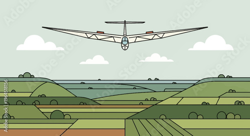 A glider soars above a vibrant, stylized landscape with rolling hills, fields, and clouds