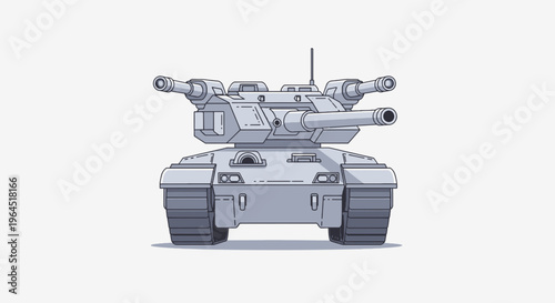 Gray cartoon tank, front view, with four turrets and tracks, against a white background