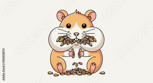 Cartoon hamster sits, cheeks full of seeds, some dropped nearby