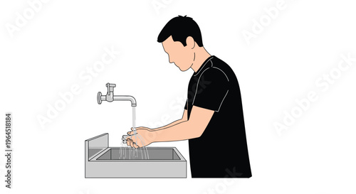 A man is washing his hands under a continuous stream of water from a silver faucet into a plain grey sink, maintaining personal hygiene.