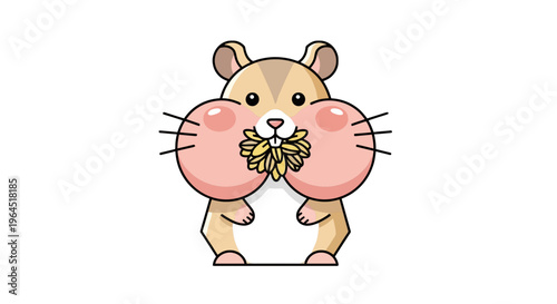 A cartoon hamster with puffy cheeks holding a yellow flower. It is standing facing forward
