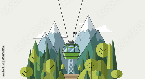 Illustration of a cable car traversing above a forest and mountains, a serene landscape