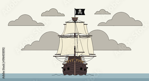 A cartoon pirate ship sailing on water under cloudy skies, skull & crossbones flag