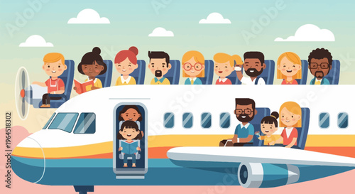 Cartoon airplane interior with diverse passengers, some reading. Exterior shows propeller and sky