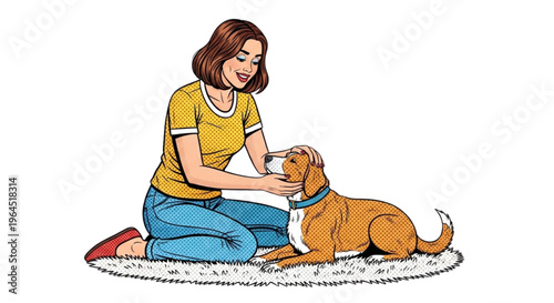 Young woman petting dog while sitting on fluffy rug indoors  
