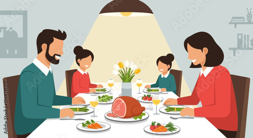 A heartwarming flat design illustration depicting an American family enjoying a traditional Easter dinner together, featuring classic holiday foods. 