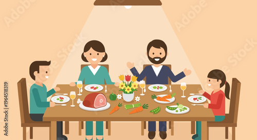 A heartwarming flat design illustration depicting an American family enjoying a traditional Easter dinner together, featuring classic holiday foods. 