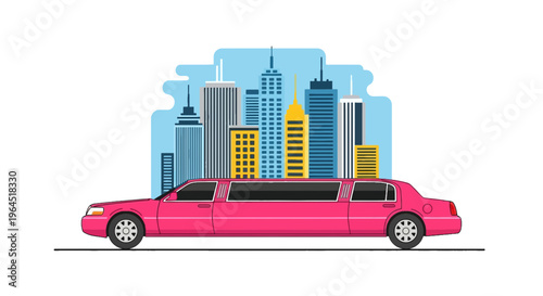 Illustration depicts a pink limousine in front of a stylized city skyline