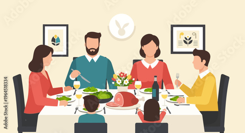 A heartwarming flat design illustration depicting an American family enjoying a traditional Easter dinner together, featuring classic holiday foods. 