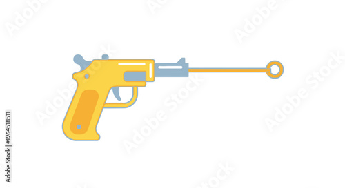 Flat illustration of a stylized yellow ray gun with light blue and orange accents