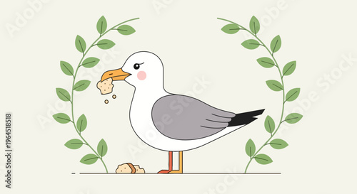 A cheerful seagull, nestled inside a leafy wreath, eats bread. Simple cartoon style