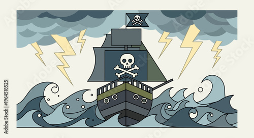 A stylized pirate ship sailing through a storm, with skull and crossbones