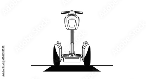 A black and white line drawing of a personal transportation device, on a solid base