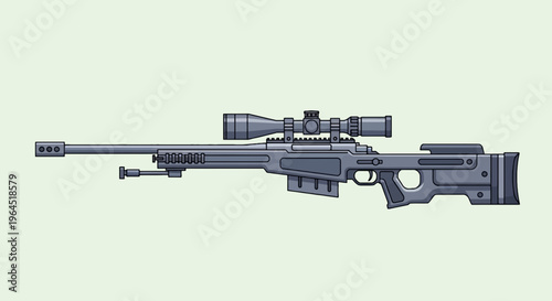 Stylized, detailed side-view illustration of a long-range, scoped rifle