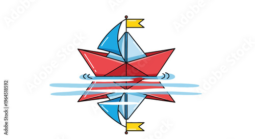 Cartoon illustration of a paper boat, reflected in water, with flags and sails