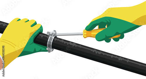 Two gloved hands are meticulously tightening a metal hose clamp onto a thick black pipe using a screwdriver against a stark white background.