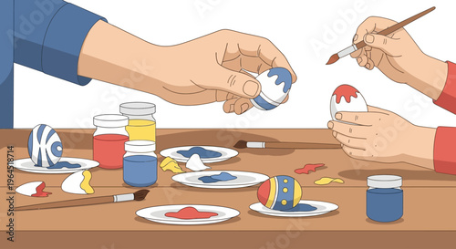 A charming flat design illustration depicting an adult and child's hands decorating Easter eggs, highlighting a beloved American holiday tradition.