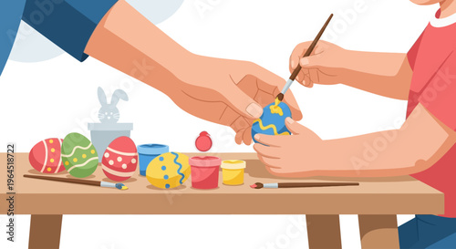 A charming flat design illustration depicting an adult and child's hands decorating Easter eggs, highlighting a beloved American holiday tradition.