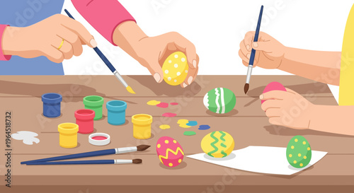 A charming flat design illustration depicting an adult and child's hands decorating Easter eggs, highlighting a beloved American holiday tradition.