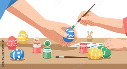 A charming flat design illustration depicting an adult and child's hands decorating Easter eggs, highlighting a beloved American holiday tradition.