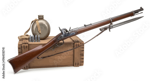 A detailed illustration of a rifle with attached bayonet, ammo, flask, and wooden crate