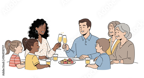 A vibrant flat design illustration of a diverse American family enjoying a festive Easter brunch, complete with delicious food and joyful conversation. 