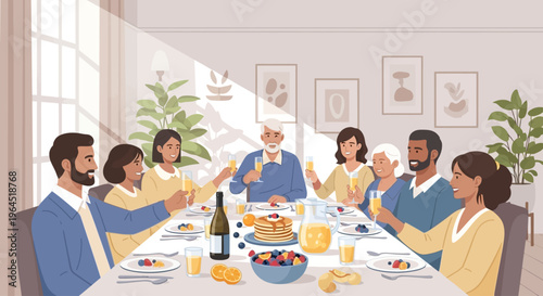 A vibrant flat design illustration of a diverse American family enjoying a festive Easter brunch, complete with delicious food and joyful conversation. 