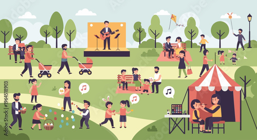 A lively flat design illustration showcasing a diverse community celebrating Easter in a bustling park, enjoying various family-friendly activities. This clean and modern 2D vector highlights inclusiv