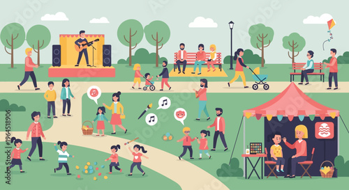 A lively flat design illustration showcasing a diverse community celebrating Easter in a bustling park, enjoying various family-friendly activities. This clean and modern 2D vector highlights inclusiv