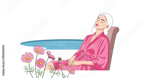 A woman with closed eyes, dressed in a pink robe, relaxes in a chair beside a pool with vibrant pink cosmos flowers in the foreground.