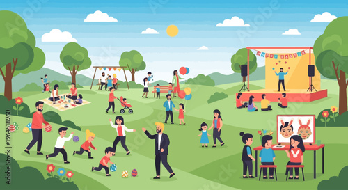 A lively flat design illustration showcasing a diverse community celebrating Easter in a bustling park, enjoying various family-friendly activities. This clean and modern 2D vector highlights inclusiv