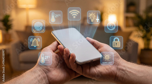 Smartphone controlling smart home devices with icons for temperature, security, and lighting in cozy living room setting. image conveys modern technology and convenience