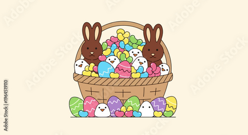 A delightful flat design illustration of a traditional American Easter basket brimming with iconic candies like chocolate bunnies, jelly beans, and marshmallow chicks. 