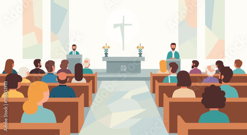 A serene flat design illustration showcasing a diverse congregation attending an Easter Sunday church service, emphasizing reverence and community. 