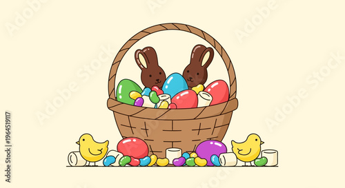A delightful flat design illustration of a traditional American Easter basket brimming with iconic candies like chocolate bunnies, jelly beans, and marshmallow chicks. 