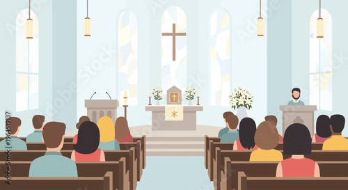A serene flat design illustration showcasing a diverse congregation attending an Easter Sunday church service, emphasizing reverence and community. 
