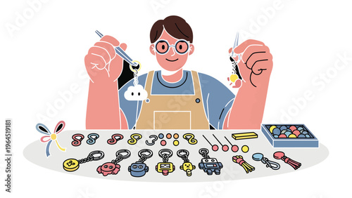 Artisan at Work: An artisan meticulously works on intricate keychains, showcasing craftsmanship and creative passion.
