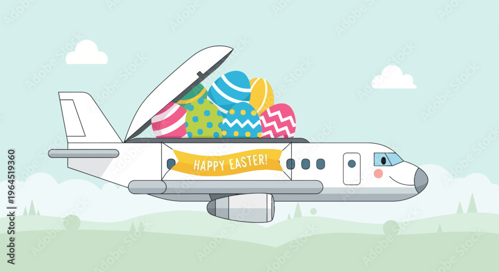 Fototapeta premium An airplane with a happy face, carrying decorated Easter eggs, flying against a sky