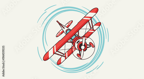 A cartoon biplane with red & white stripes flies within blue circular motion lines