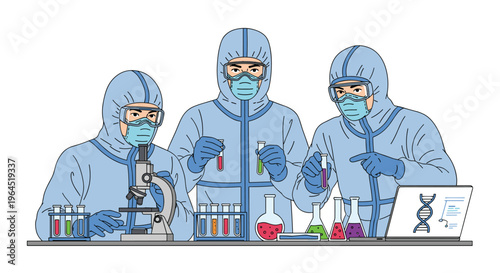Three scientists in blue hazmat suits, masks, and goggles work in a laboratory, handling test tubes, a microscope, and a laptop.