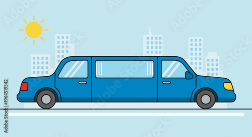 Illustration of a blue limousine in a city setting under a yellow sun