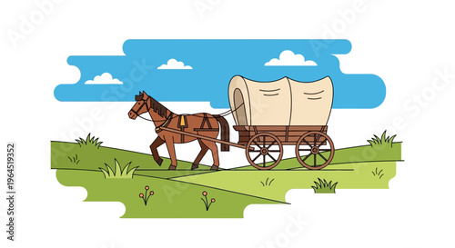 A brown horse pulls a covered wagon across a grassy plain under a blue sky with clouds