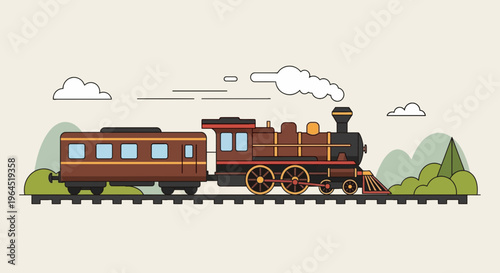 Vector illustration of a vintage train on tracks with passenger car, clouds and hills
