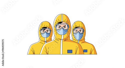 Three individuals in bright yellow full-body hazmat suits, blue face masks, and clear goggles stand closely together looking forward.