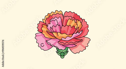 A vibrant, layered carnation illustration with a dewdrop on a petal, against a pale yellow
