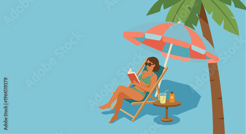 A flat vector illustration of a woman sitting in a beach chair reading with copy space