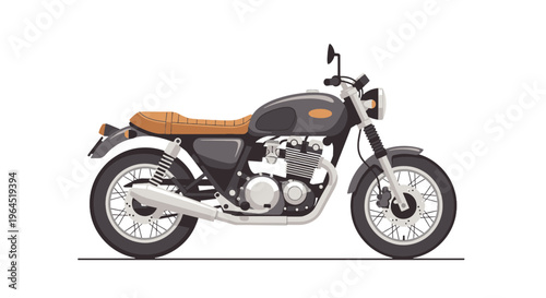 An illustrated motorcycle with a brown seat, dark grey body, and classic design