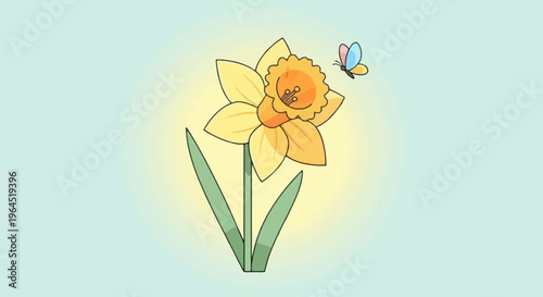 A vibrant cartoon daffodil with a fluttering butterfly set against a soft, gradient background