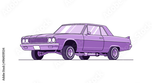 A lowrider car in a flat illustration style, showcasing purple hues and a stylized design
