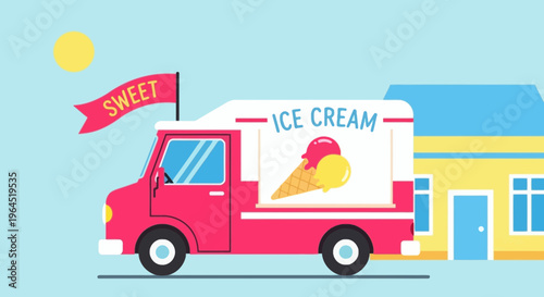 A pink ice cream truck with "sweet" banner and cones drives past a house under a sun